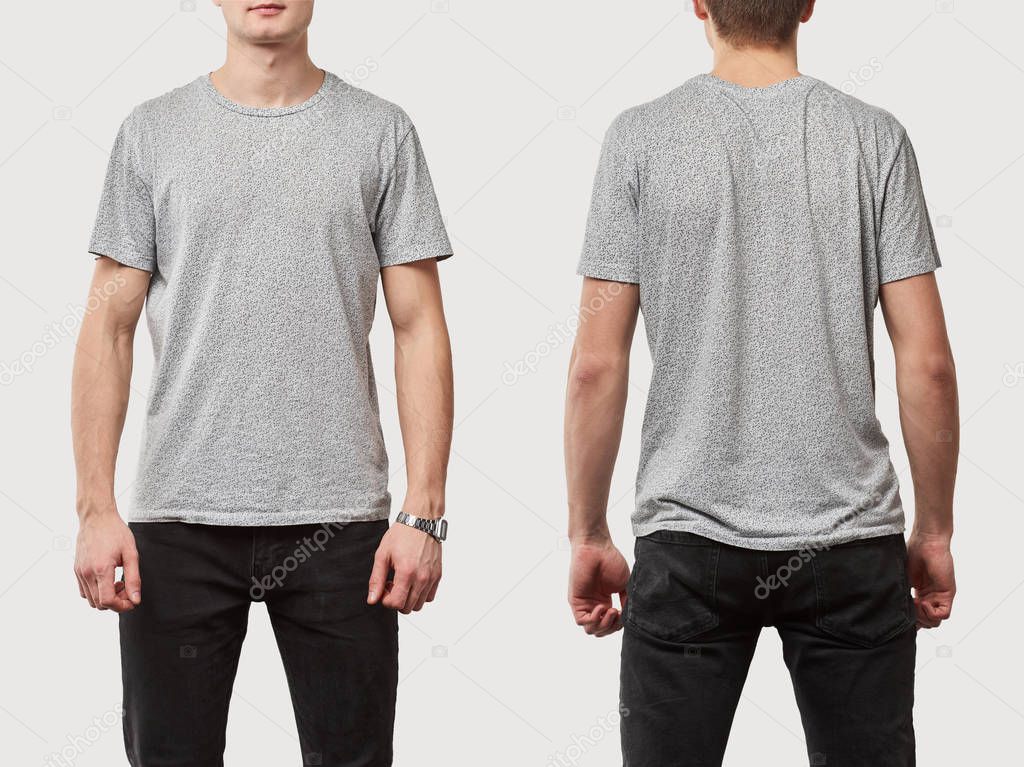 collage of man in grey t-shirt with copy space isolated on white