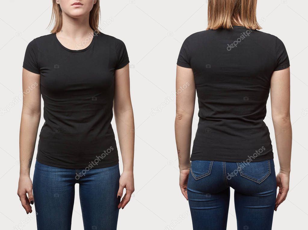 collage of young woman in white cotton t-shirt with copy space isolated on white