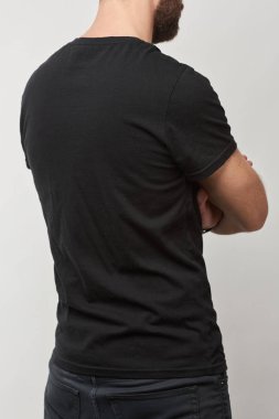 arkadan görünüşü Siyahlı adam t-shirt gri izole kopya alanı ile pamuk