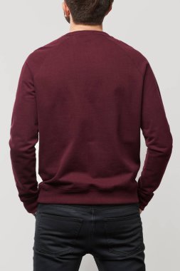 back view of man in casual burgundy sweatshirt with copy space isolated on grey clipart