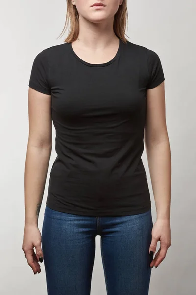 Partial View Young Woman Casual Black Shirt Copy Space Isolated — Stock Photo, Image