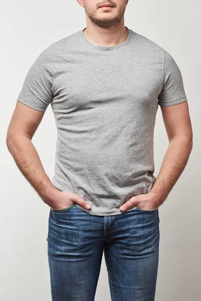 Partial View Man Hands Pockets Shirt Copy Space Isolated Grey — Stock Photo, Image