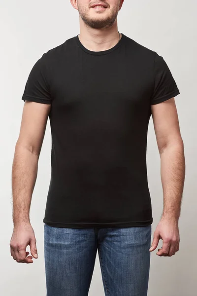 Częściowy Widok Człowieka Denim Czarny Shirt Kopia Miejsce Białym Tle — Zdjęcie stockowe