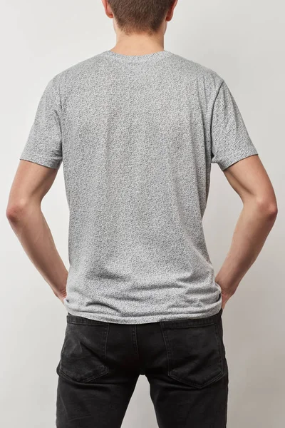 Visão Traseira Homem Shirt Algodão Com Espaço Cópia Isolado Cinza — Fotografia de Stock