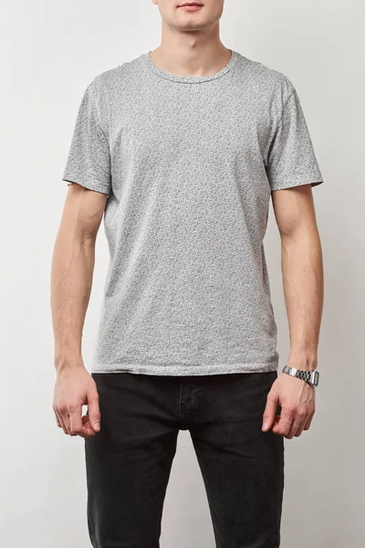 Częściowy Widok Człowieka Shirt Kopia Miejsce Białym Tle Szary — Zdjęcie stockowe