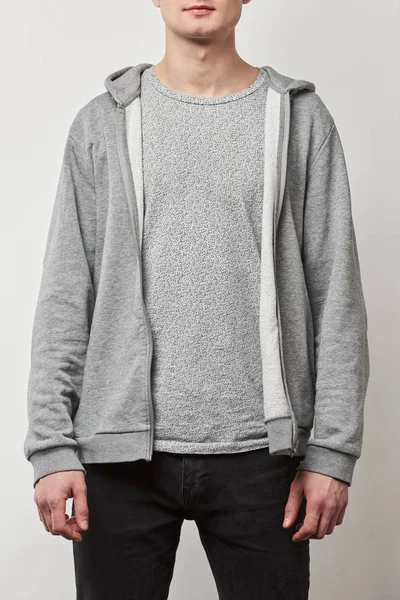 Cropped View Man Casual Grey Hoodie Copy Space Isolated White — Stock Photo, Image