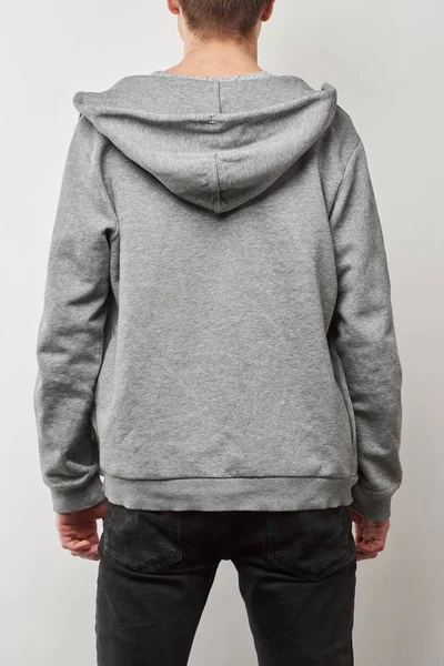 Achteraanzicht Van Mens Grijs Hoodie Met Kopie Ruimte Geïsoleerd Wit — Stockfoto