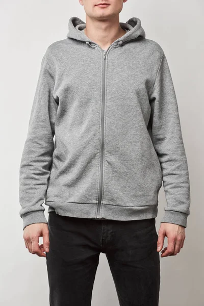 Cropped View Man Grey Hoodie Copy Space Isolated White — Stock Photo, Image