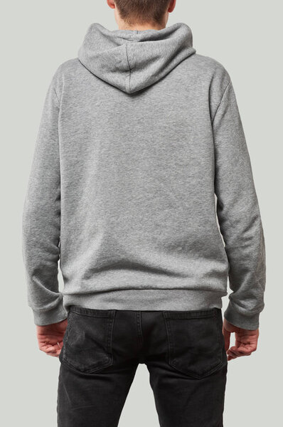 back view of man in grey hoodie with copy space isolated on white