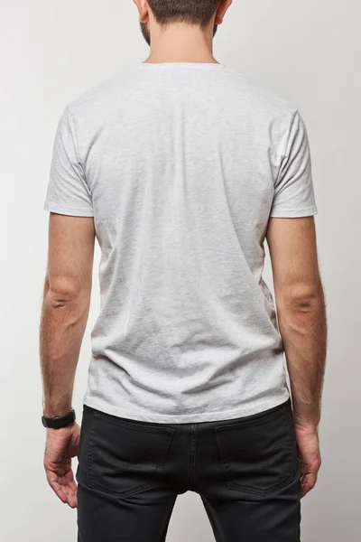 Back View Man Basic White Shirt Copy Space Isolated Grey — Stock Photo, Image