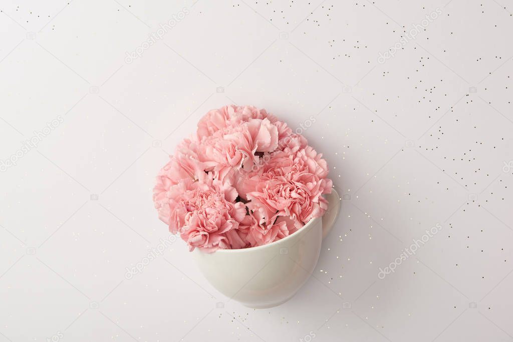 beautiful pink carnation flowers in white cup isolated on grey