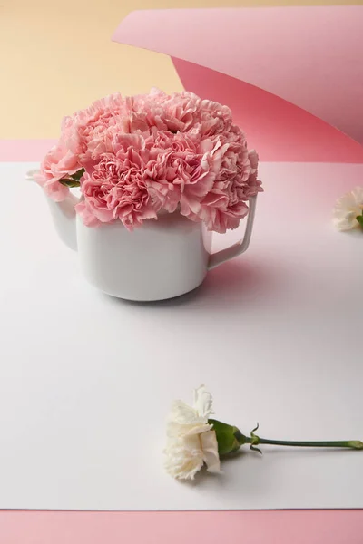 Vergrote Weergave Van Mooie Zacht Roze Carnation Bloemen Witte Theepot — Stockfoto