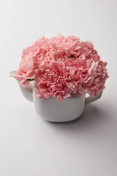 Close View Beautiful Tender Pink Flowers White Teapot Grey — Stock Photo, Image