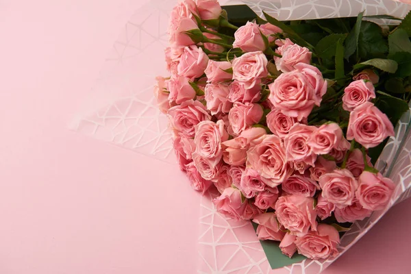 在粉红色背景美丽的温柔的粉红色玫瑰花特写镜头视图 — 图库照片