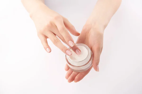 Partial View Woman Applying Hand Cream White Background — Stock Photo, Image