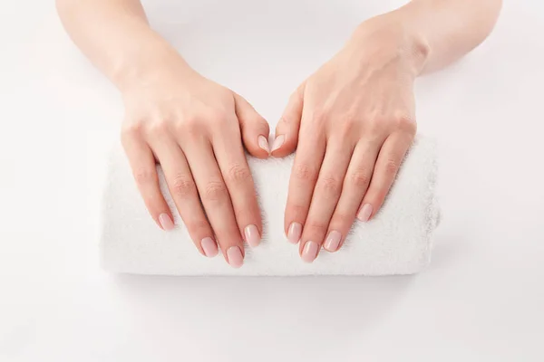 Partial View Female Hands Terry Towel White Background — Stock Photo, Image