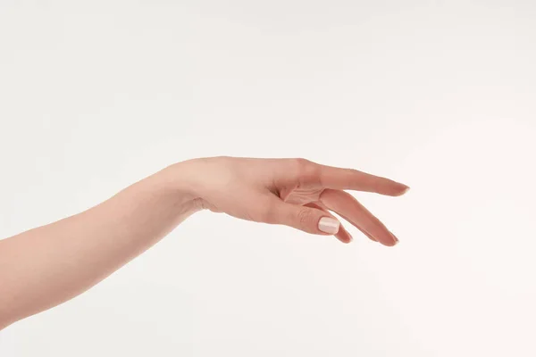 Gedeeltelijke Weergave Van Verzorgde Vrouw Hand Witte Ondergrond — Stockfoto