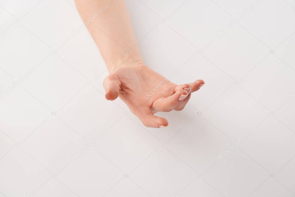 Partial view of female well-cared open hand on white background 