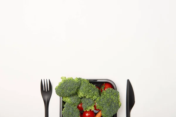 Top View Cutlery Vegetables Bowl Isolated White — Stock Photo, Image