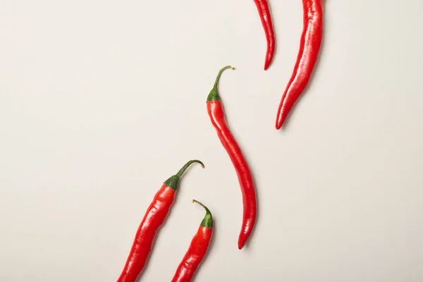 Flat Lay Red Chili Peppers Grey Background — Stock Photo, Image