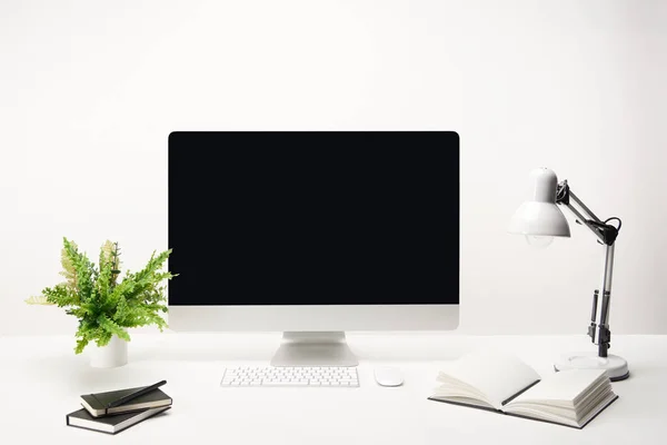 Workplace Lamp Plants Notebooks Desktop Computer Copy Space Isolated White — Stock Photo, Image