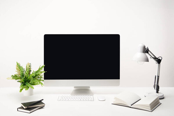 workplace with lamp, plants, notebooks and desktop computer with copy space isolated on white