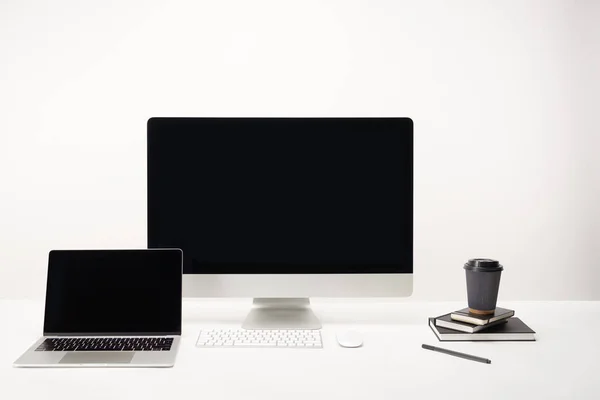 Workplace Coffee Desktop Computer Laptop Copy Space Isolated White — Stock Photo, Image