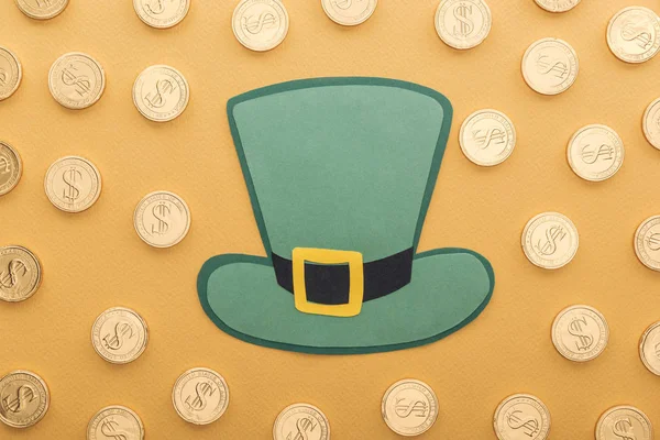 Top View Golden Coins Dollar Signs Green Paper Hat Isolated — Stock Photo, Image