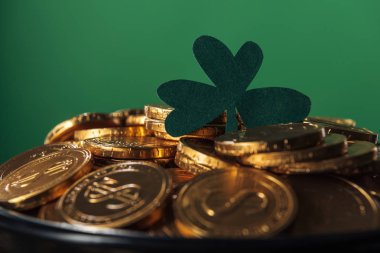 shamrock ile parlak altın sikke izole yeşil, st patrick günü kavramı