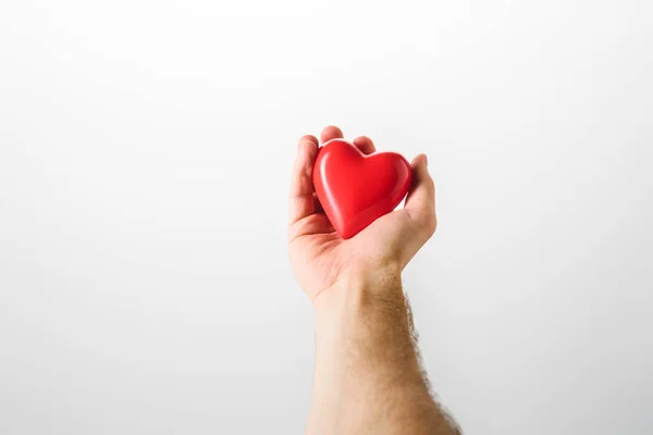 Partial View Man Holding Toy Heart Grey Background — Stock Photo, Image