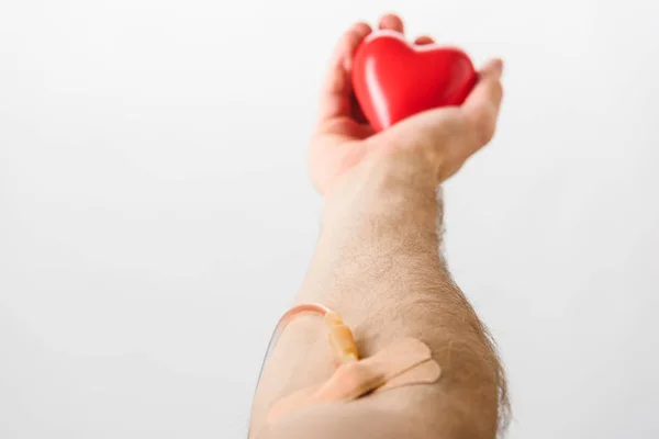 Partial View Blood Donor Catheter Plasters Holding Toy Heart Blood — Stock Photo, Image