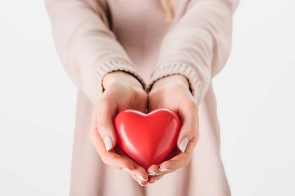 Cropped View Woman Holding Toy Heart Grey Background — Stock Photo, Image