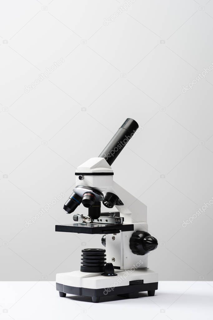 microscope on grey background with copy space