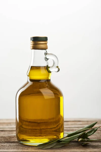 Bottle Oil Olive Tree Leaves Isolated Grey — Stock Photo, Image