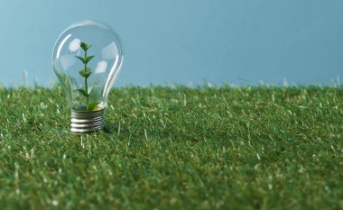  light bulb with plant on green grass and blue background clipart