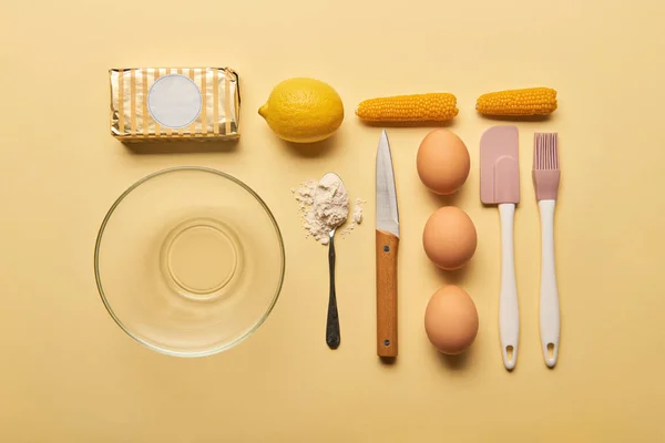 Flat Lay Kitchenware Ingredients Yellow Background — Stock Photo, Image