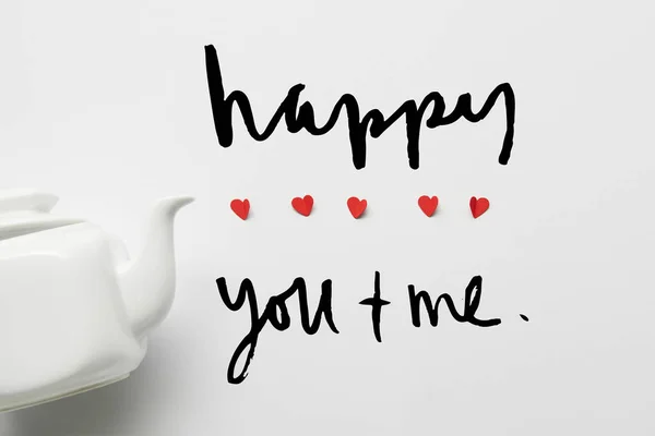 Top View Tea Pot Red Paper Cut Hearts White Background — Stock Photo, Image