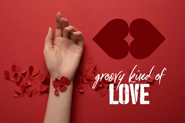 Cropped View Female Hand Paper Cut Decorative Hearts Red Background — Stock Photo, Image