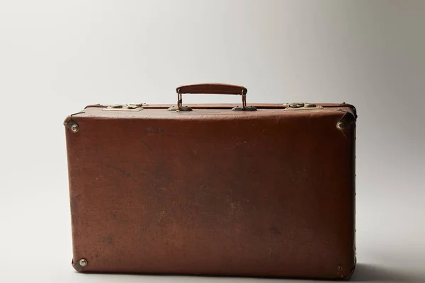 Vintage Leather Brown Suitcase Grey Background — Stock Photo, Image