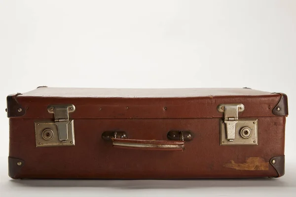 Vintage Brown Suitcase Grey Background Copy Space — Stock Photo, Image