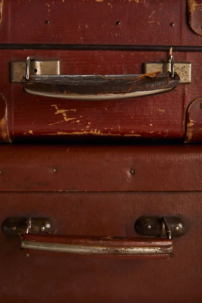Close Handles Brown Leather Suitcases — Stock Photo, Image