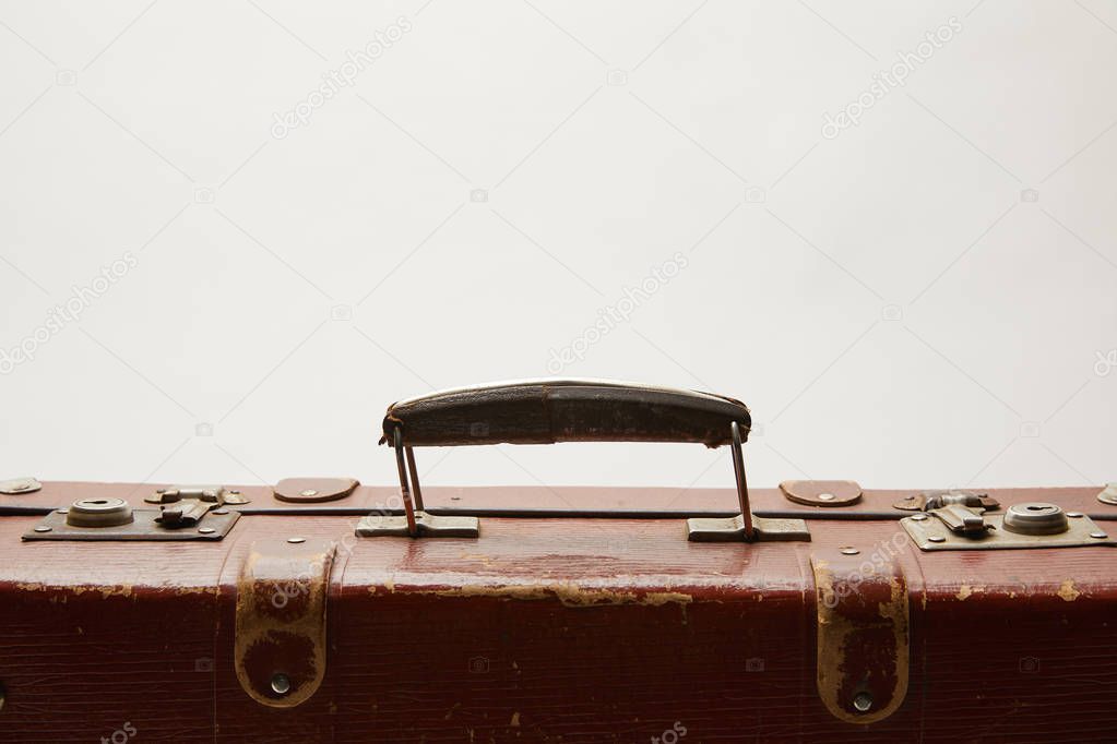 lather brown suitcase with copy space isolated on grey