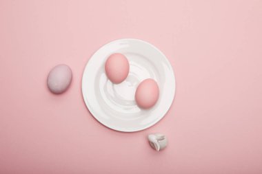 Oyuncak tavşan, boyalı Paskalya yumurtaları plaka üzerinde pembe bir arka plan üzerinde Üstten Görünüm