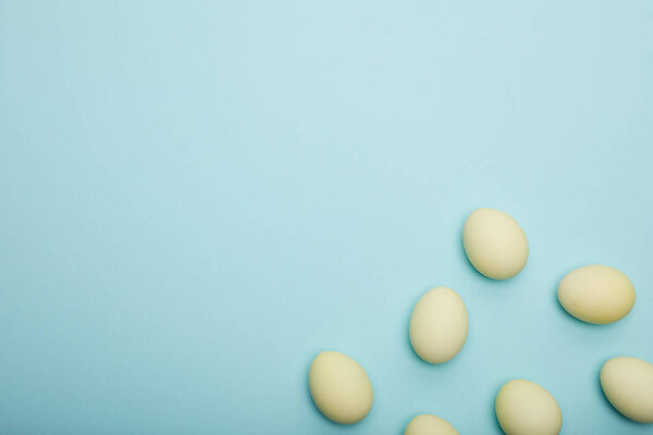 Top view of painted easter eggs on blue background