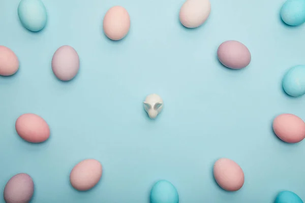 Top View Easter Eggs Toy Bunny Blue Background — Stock Photo, Image