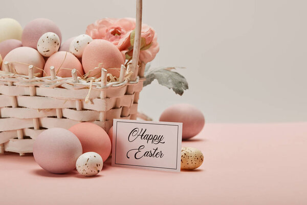 Easter Chicken Quail Eggs Straw Basket Flower Card Happy Easter Royalty Free Stock Images