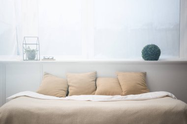 kahverengi yastıklar ve boş yatak, bitki ve gözlük beyaz battaniye ile yatak odası