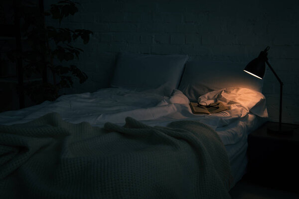 book and glasses on empty bed, plant and lamp on black nightstand at night