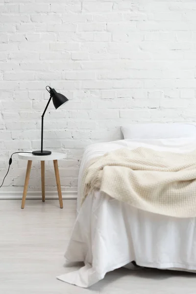 Bedroom Empty White Bed Lamp Stool — Stock Photo, Image