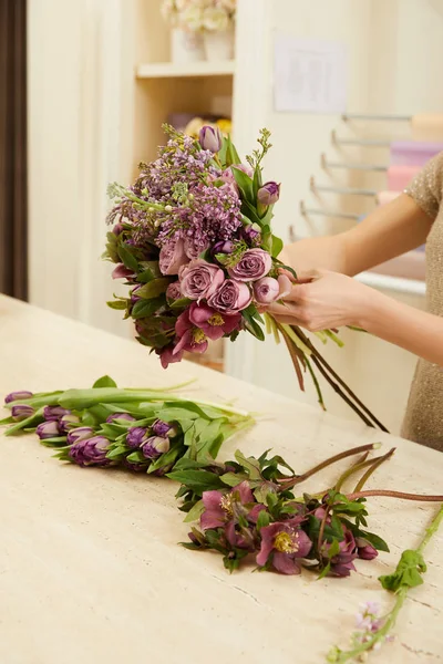 Cropped View Florist Making Bouquet Tulips Peonies Lilac Workplace — Stock Photo, Image